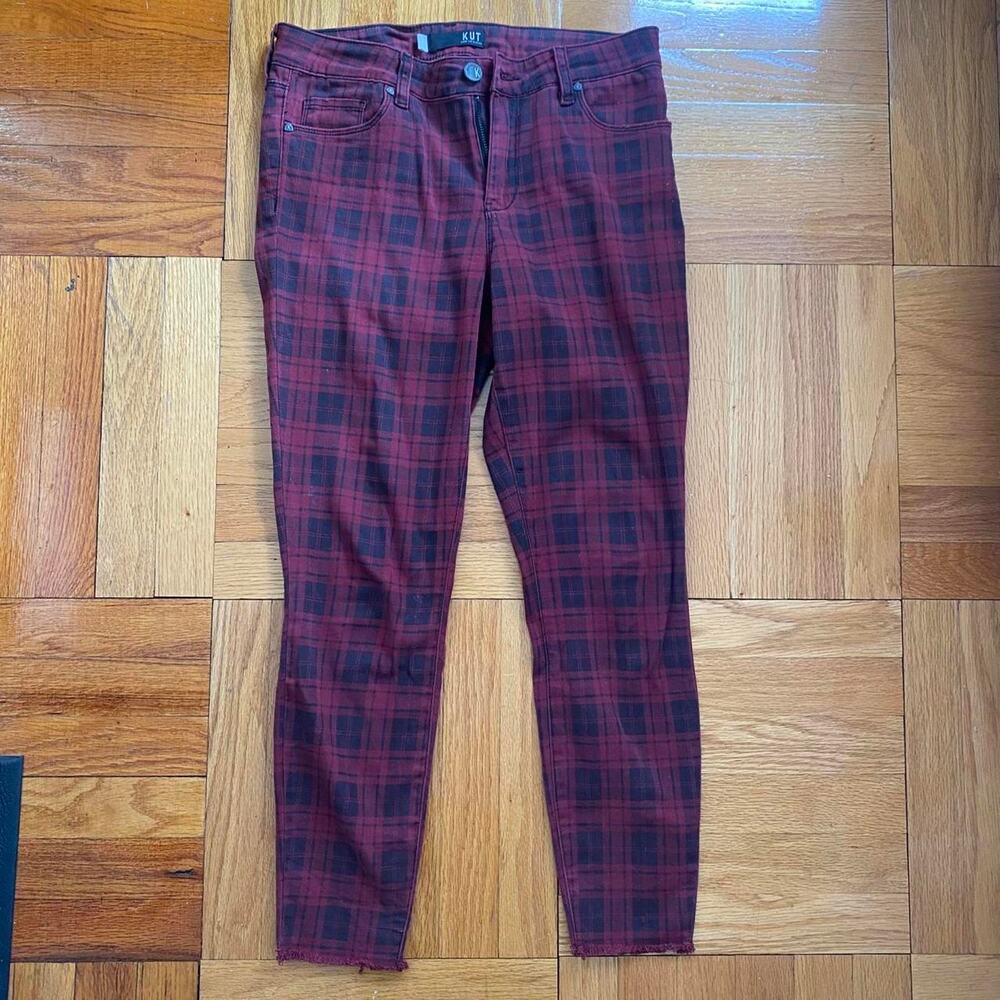 Burgundy and black plaid skinny